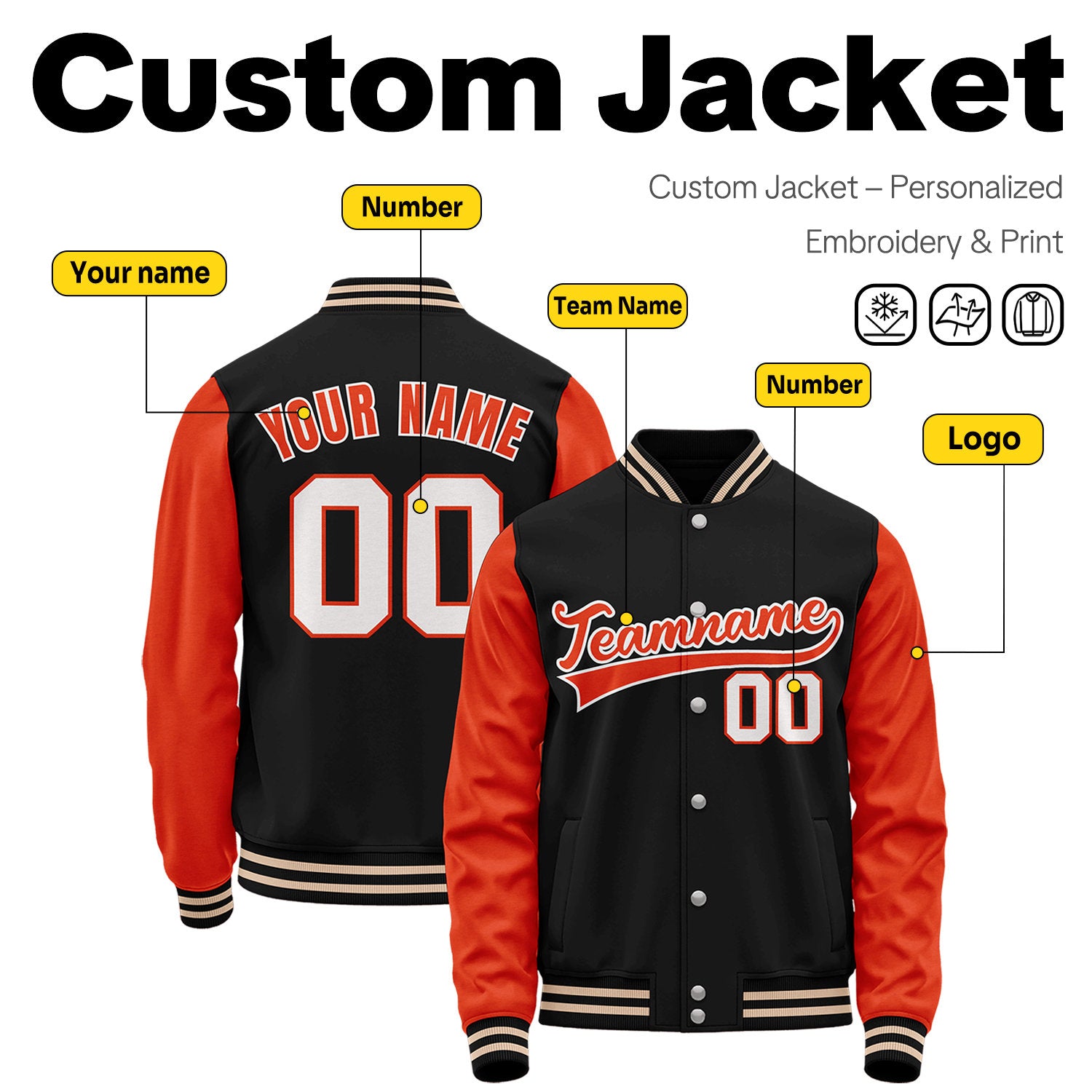 Custom Black & Orange Two-Tone Varsity Jacket | Personalized Baseball Bomber with Name, Number & Logo