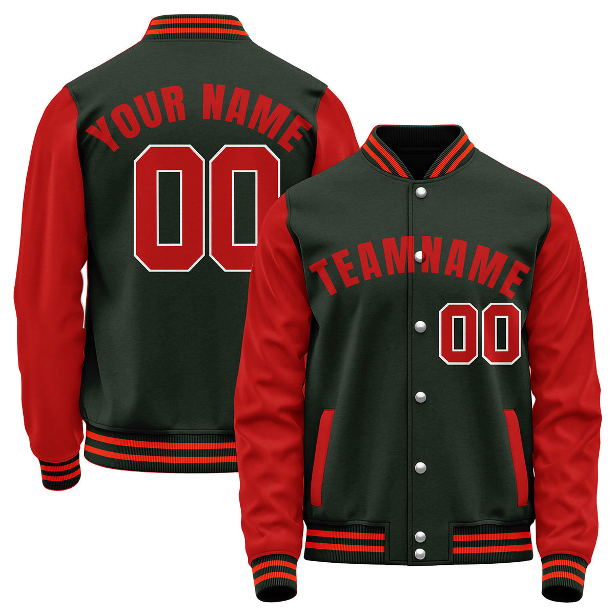 Custom baseball team jackets, green and red varsity bomber jacket, personalized stitched or sublimated name, number and logo.