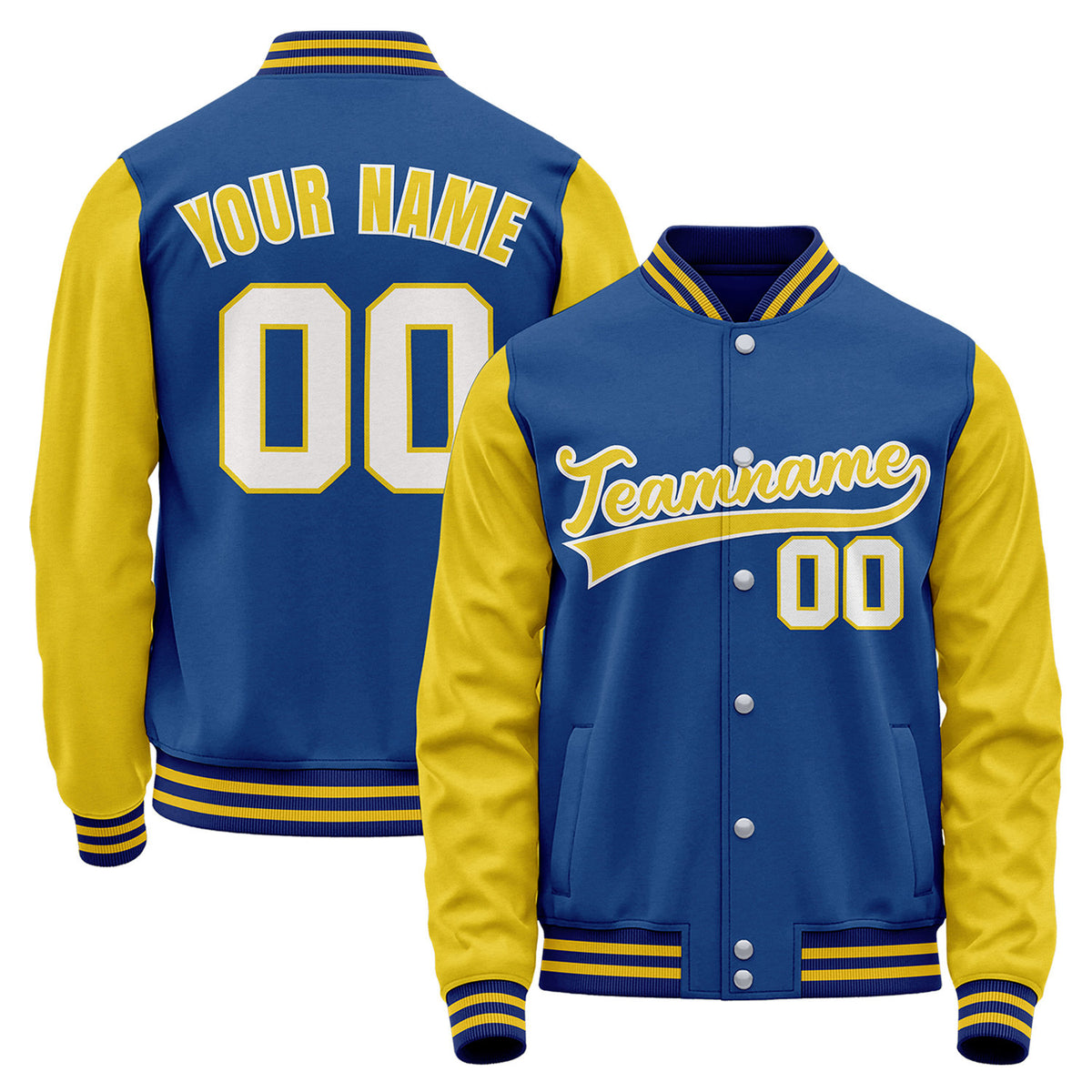 Custom baseball team jackets no minimum, royal blue and yellow varsity bomber jacket, personalized team name, player number and custom logo.