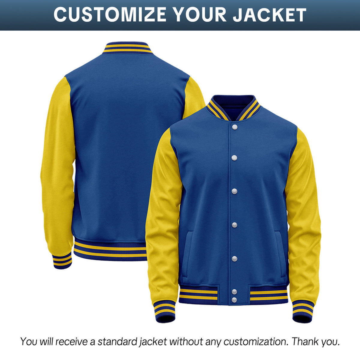 Custom Royal Blue & Yellow Two-Tone Varsity Jacket | Personalized Baseball Bomber with Name, Number & Logo