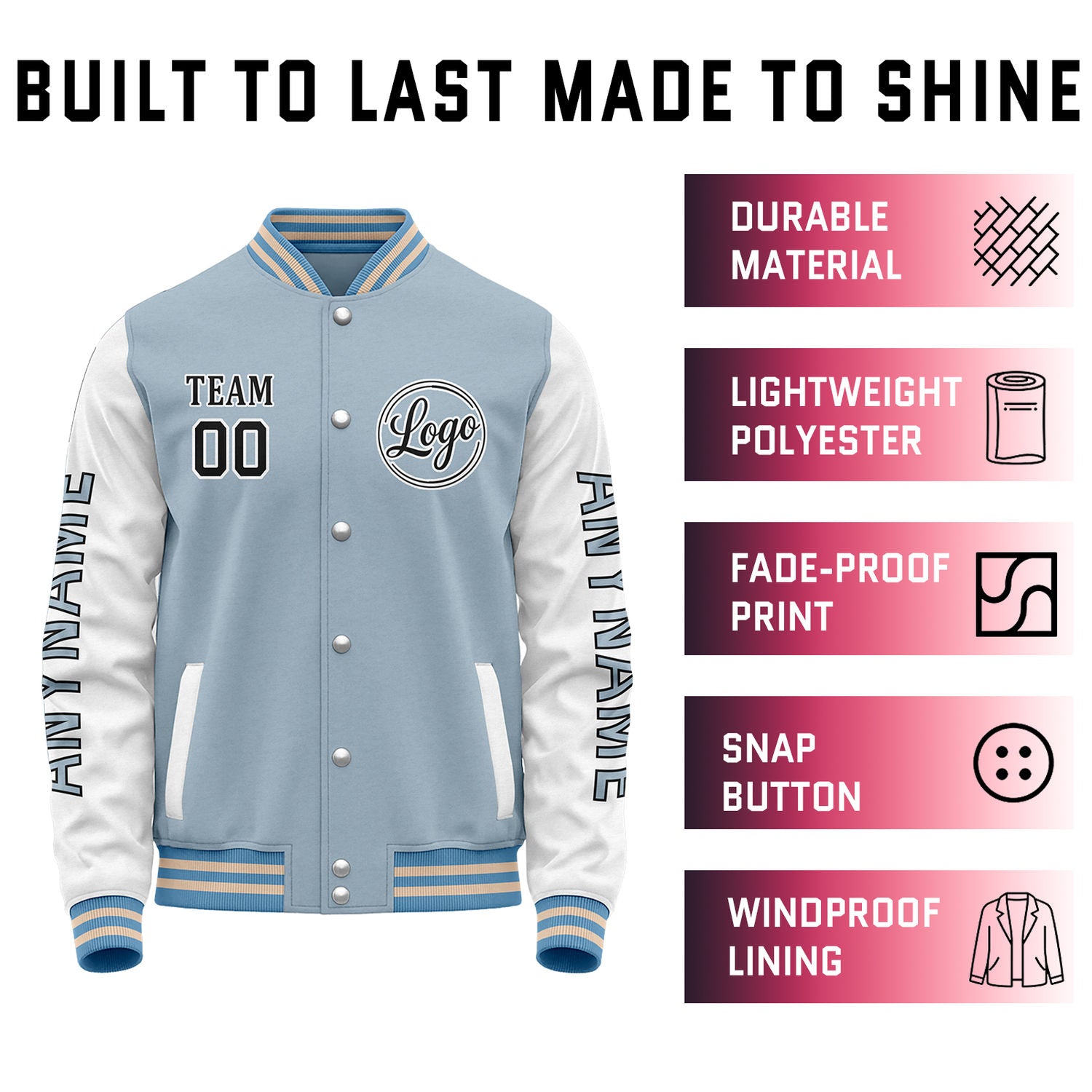 Custom Light Blue & White Color Block Varsity Jacket | Personalized Letterman Bomber with Sleeve Text & Logo