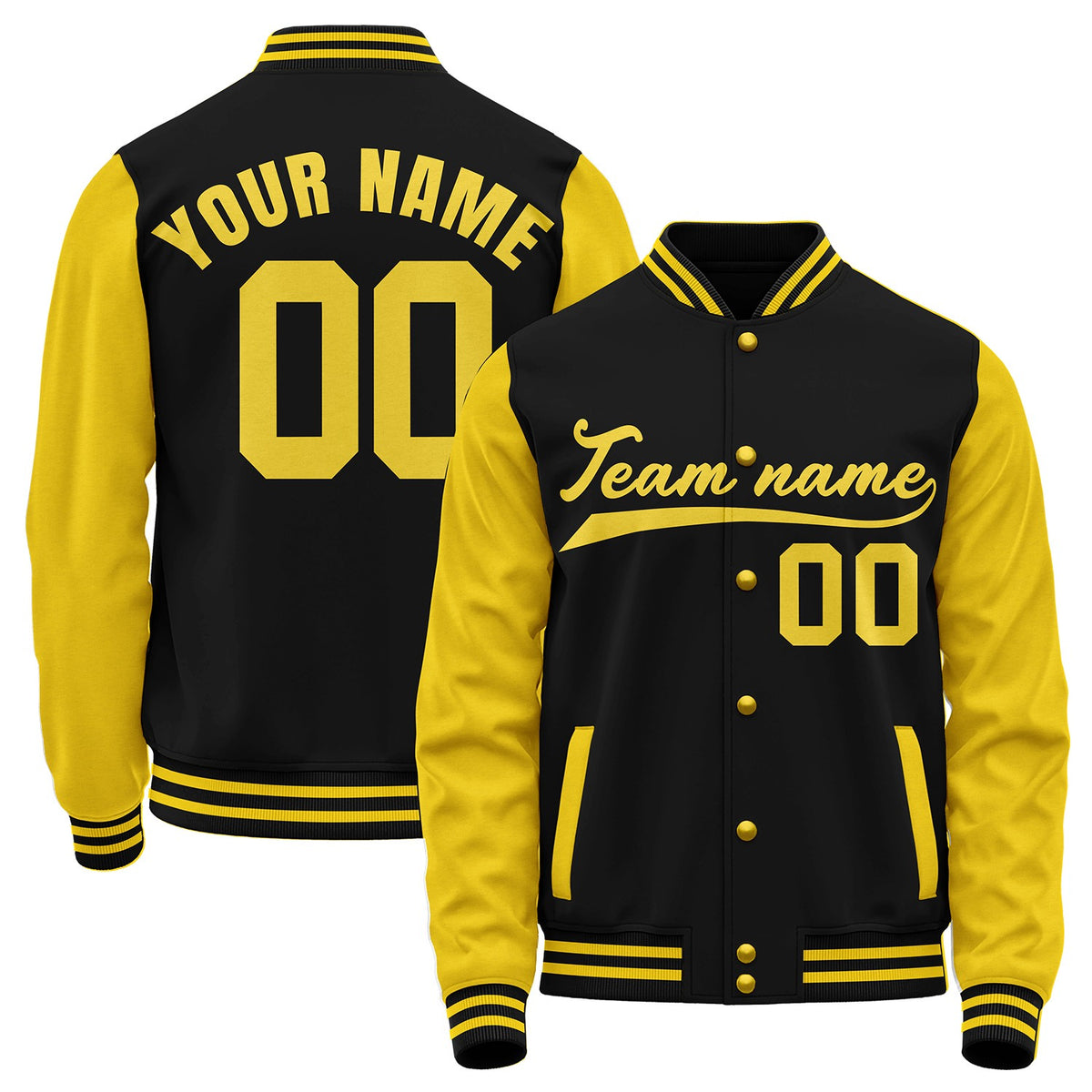 Custom baseball warmup jackets, black and yellow varsity letterman bomber jacket, personalized team name, player number and custom logo.