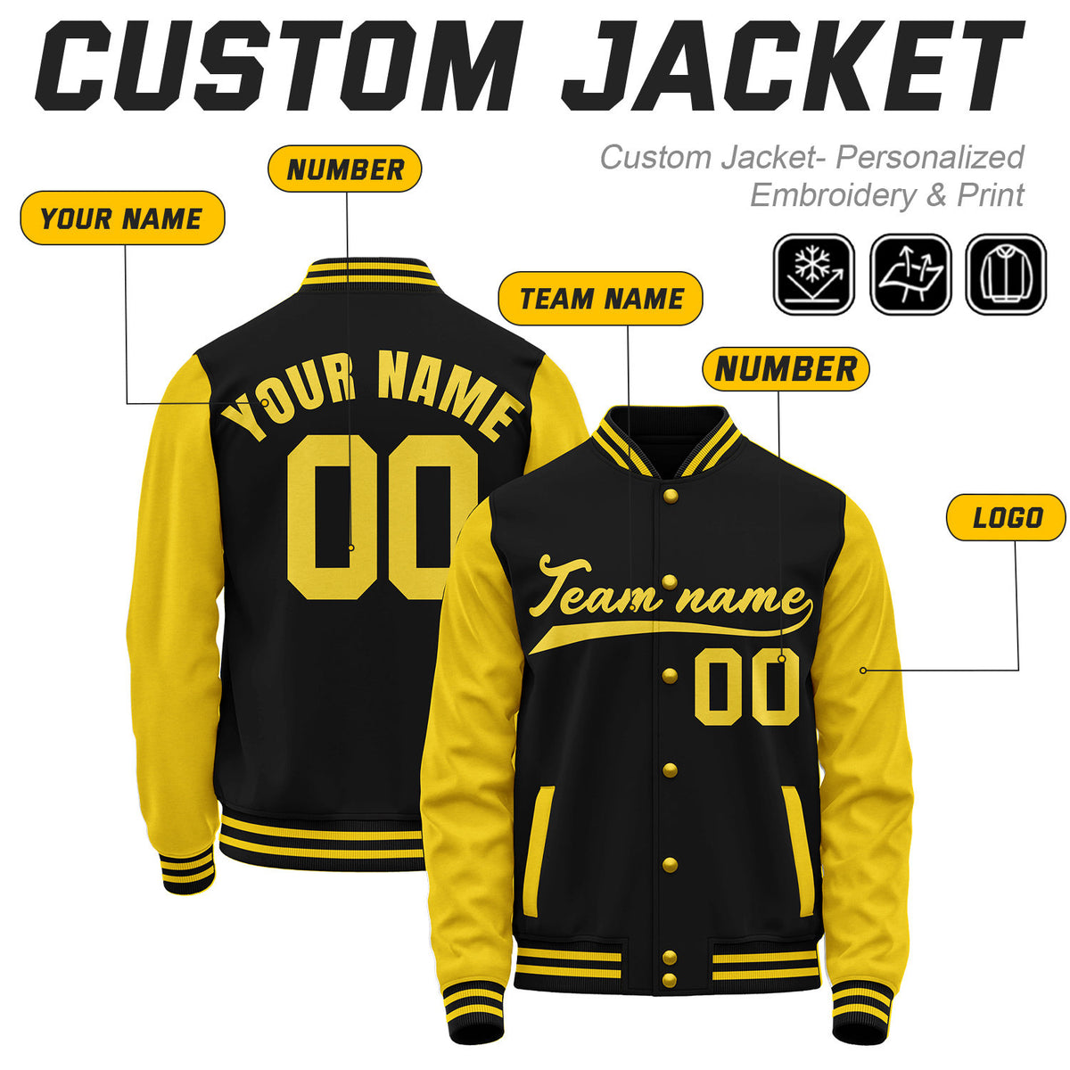 Custom Black & Yellow Baseball Bomber Jacket | Retro Collegiate Varsity & Letterman