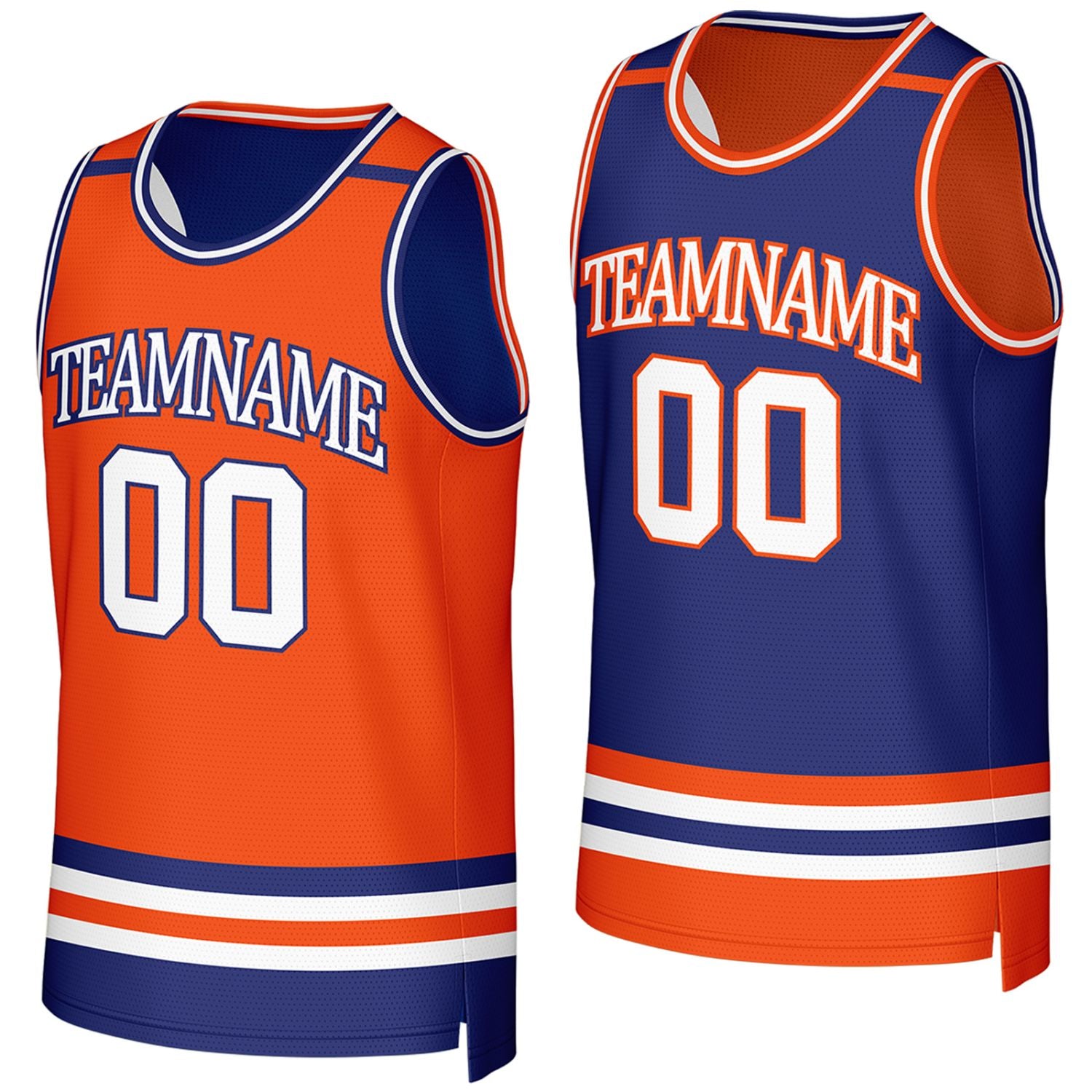 custom basketball club jerseys orange navy reversible by Vosoli, Personalized team name, number & logo.