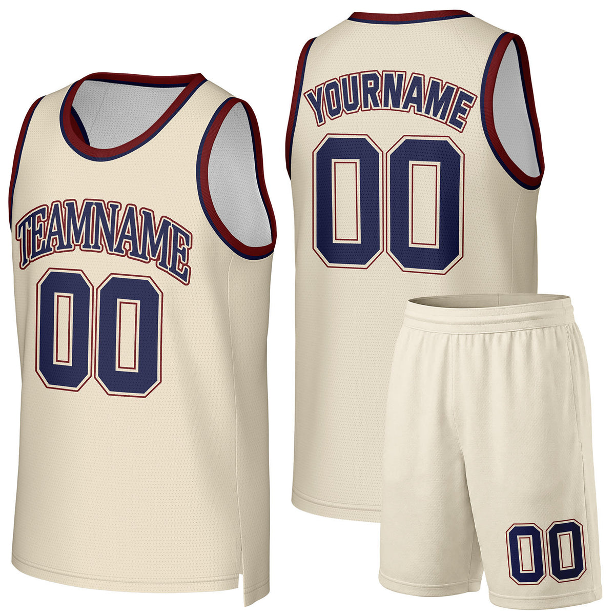 Custom basketball club uniforms cream‑navy by Vosoli, personalized team name, number & logo, quick‑dry mesh fabric for club game‑ready basketball team outfits
