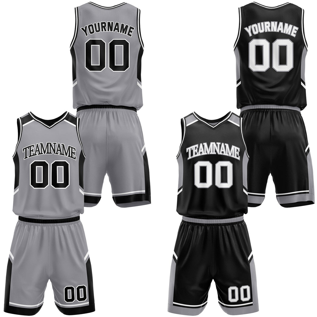 Custom basketball event gray and black reversible jerseys and shorts set, personalized team name, player number and logo, breathable moisture wicking mesh for games and events.