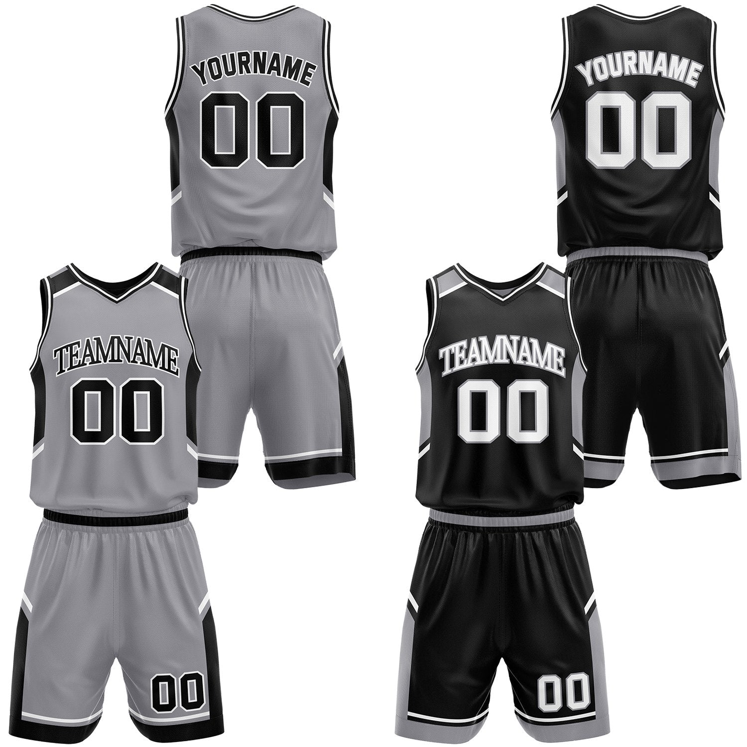 Custom basketball event gray and black reversible jerseys and shorts set, personalized team name, player number and logo, breathable moisture wicking mesh for games and events.
