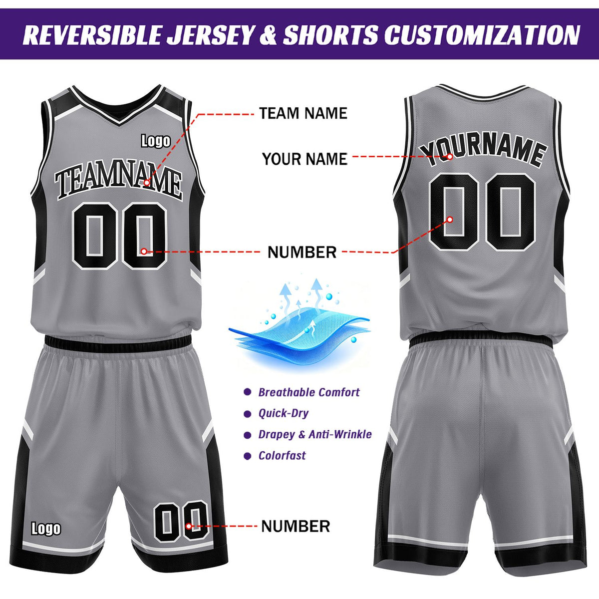 Custom Reversible Basketball Uniform Set | Gray & Black V-Neck Sleeveless Jersey & Athletic Shorts