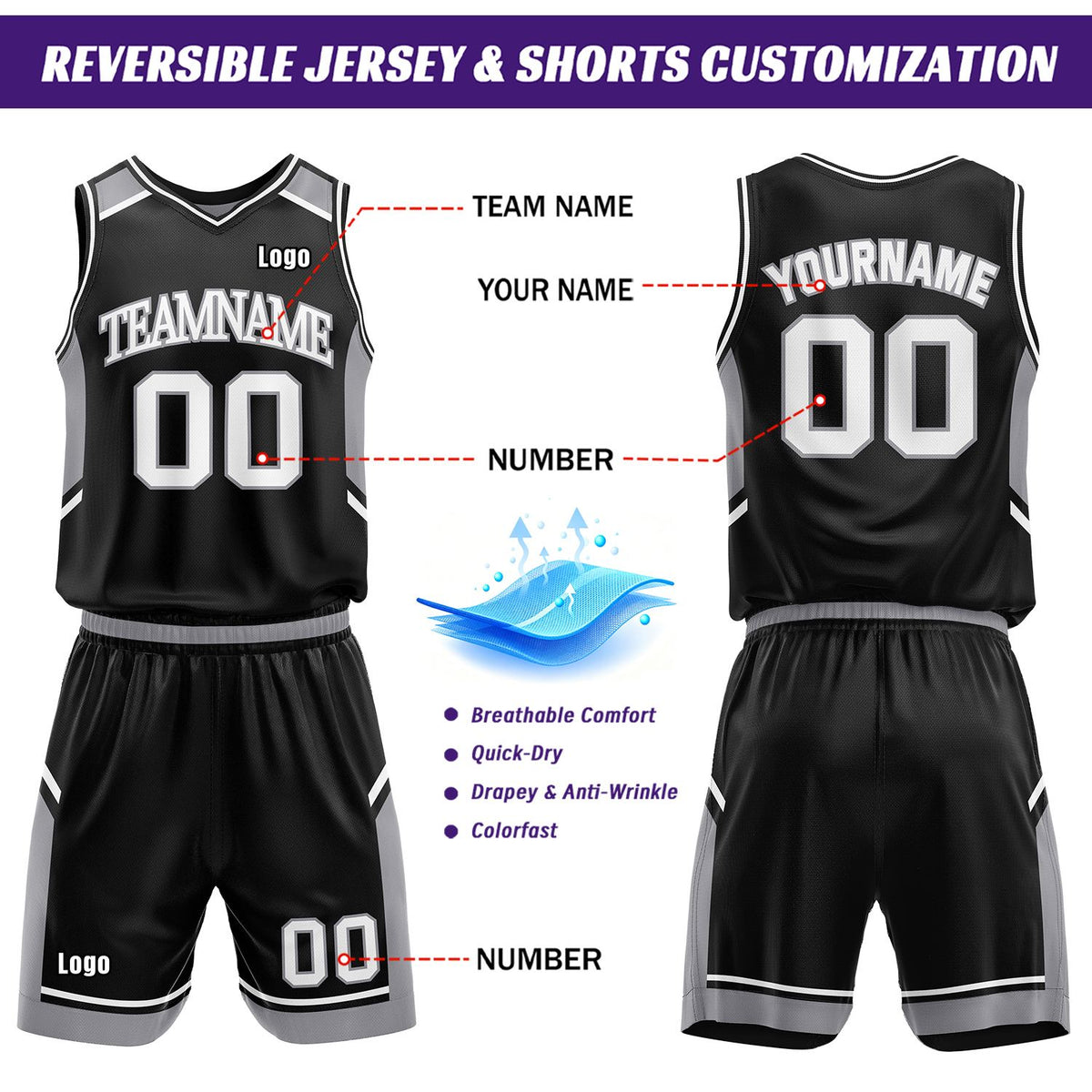 Custom Reversible Basketball Uniform Set | Gray & Black V-Neck Sleeveless Jersey & Athletic Shorts
