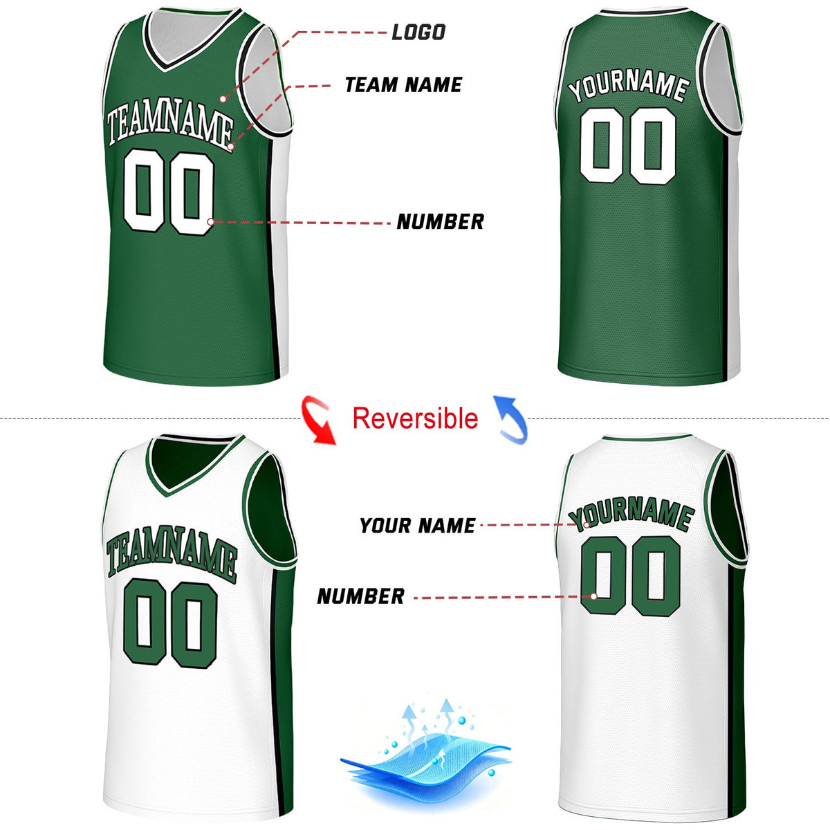 Custom Green & White Reversible Basketball Jersey | Personalized Team Jerseys with Name Number Logo