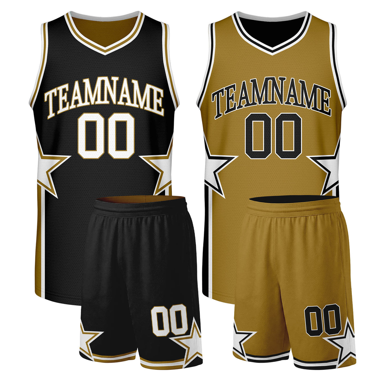 Custom basketball jersey and shorts black gold reversible by Vosoli. Personalized team name, player number &amp; logo. Breathable mesh. Fast delivery.