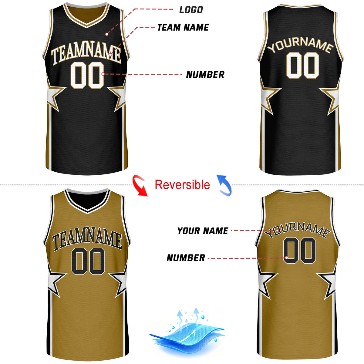 Custom Black & Gold Star Reversible Basketball Uniform Set | Breathable Mesh Jersey & Shorts