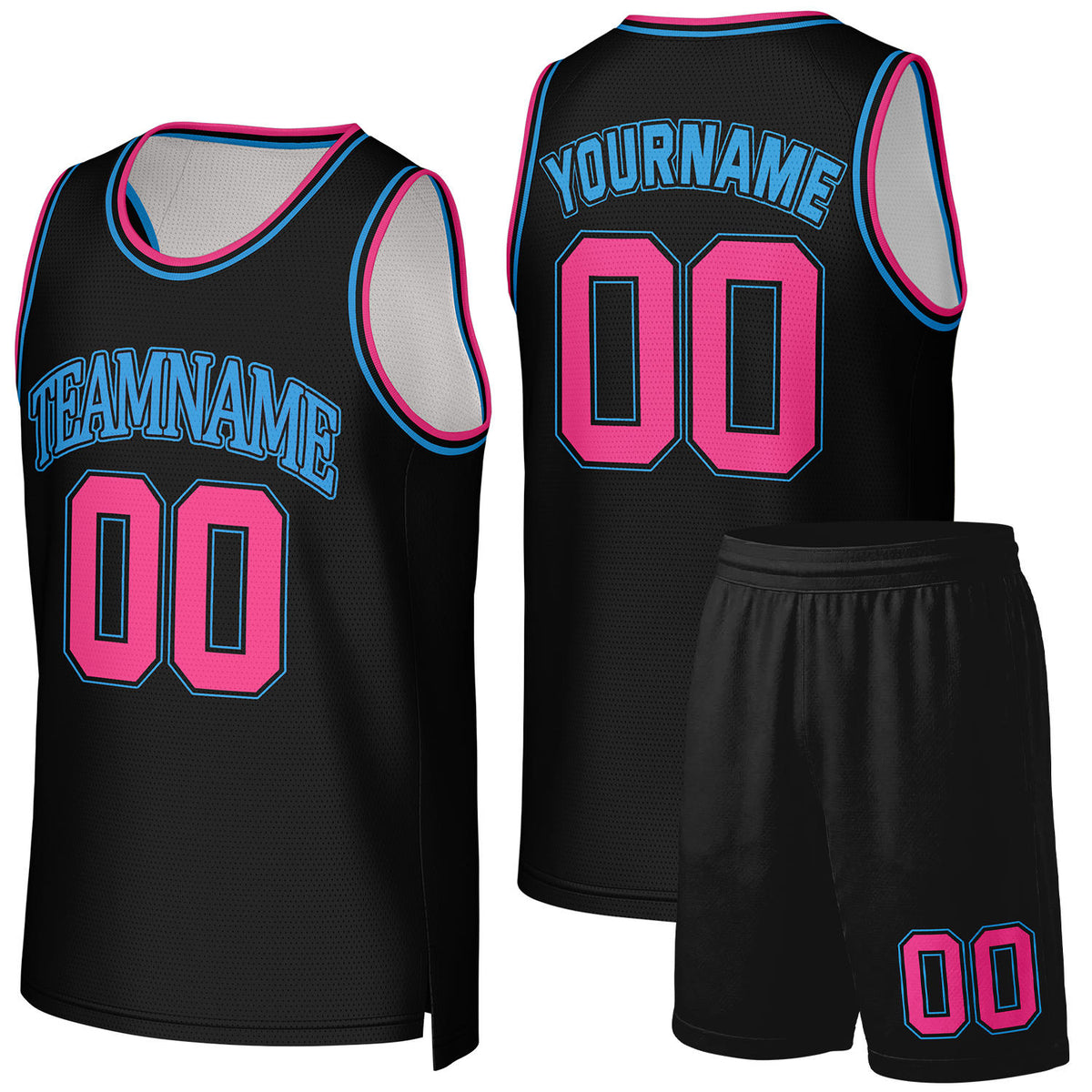 Custom basketball jersey and shorts black‑pink by Vosoli, personalized team name, number & logo, quick‑dry mesh fabric for custom team game‑ready basketball outfits