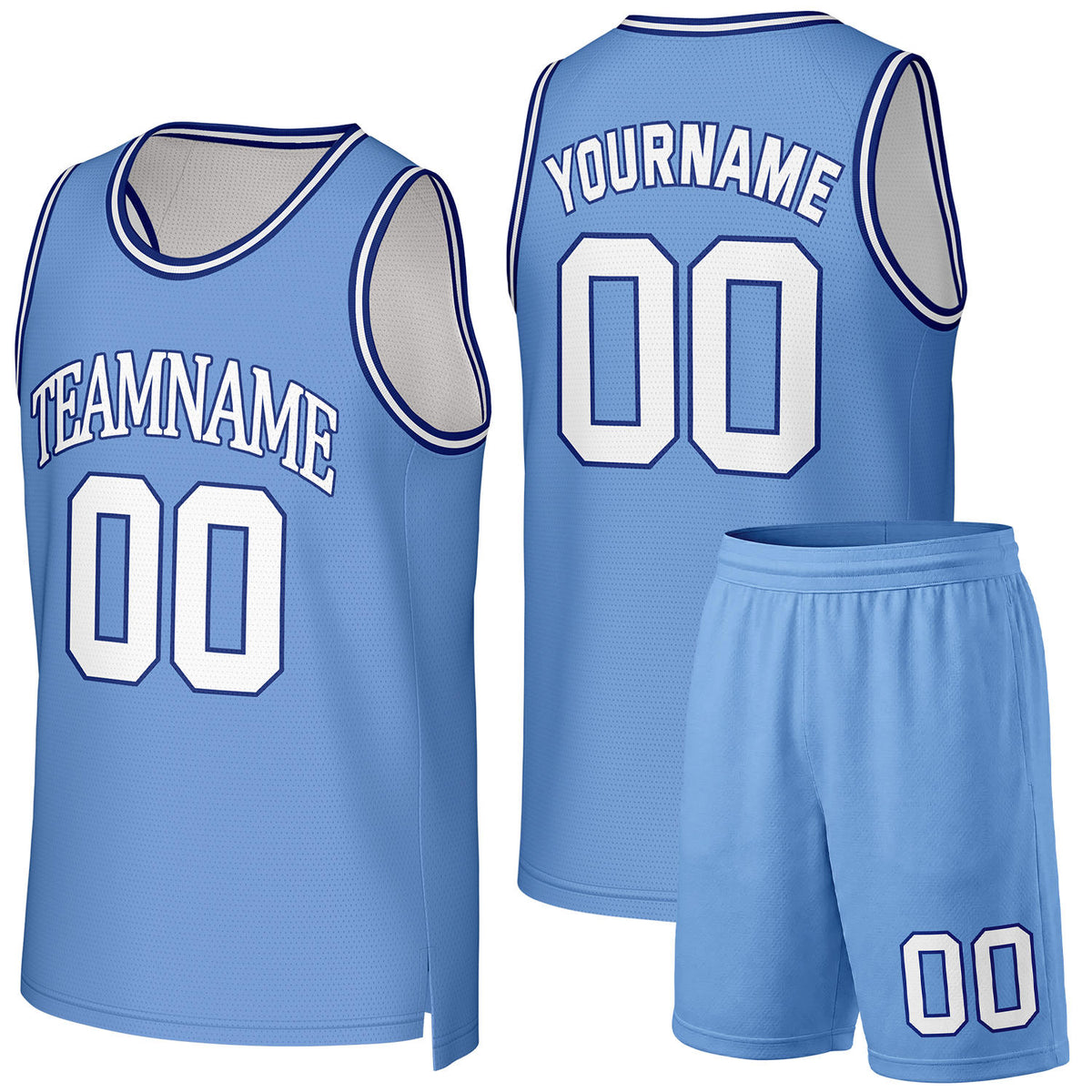 Custom basketball jersey and shorts skyblue‑white by Vosoli, personalized team name, number & logo, quick‑dry mesh fabric for custom team game‑ready basketball outfits