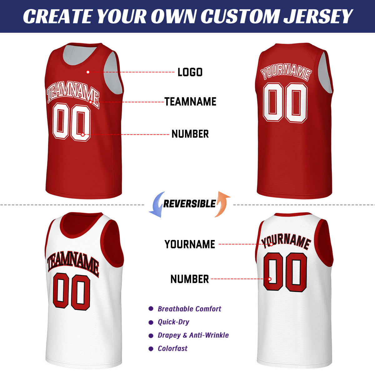 Custom Red & White Reversible Basketball Jersey | Personalized Sleeveless Mesh Jersey for Men Women Youth