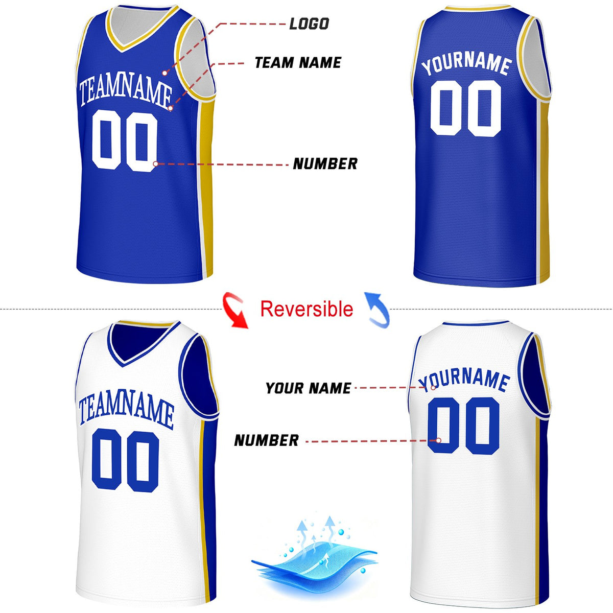 Custom Blue & White Reversible Basketball Jersey | Personalized Team Jerseys with Name Number Logo