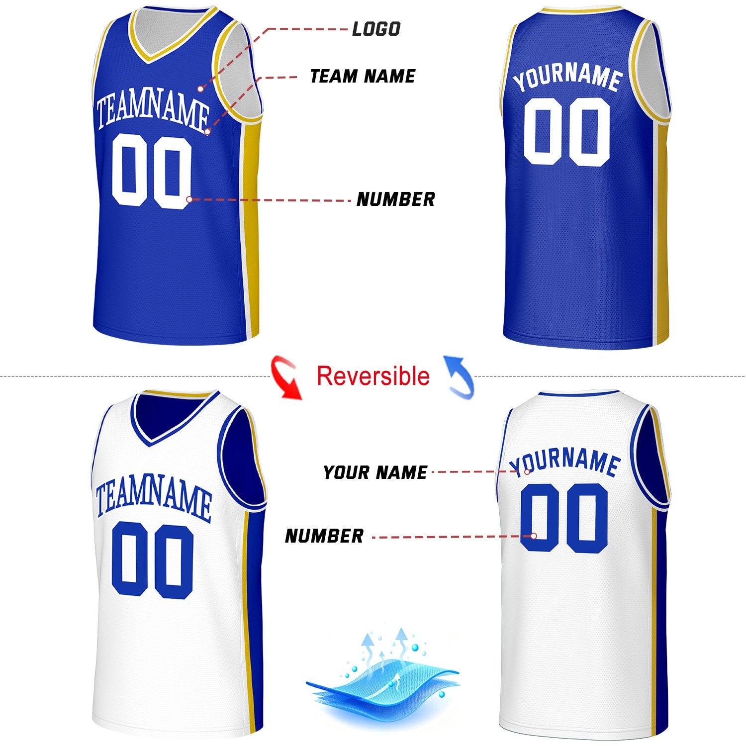 Custom Blue & White Reversible Basketball Jersey | Personalized Team Jerseys with Name Number Logo