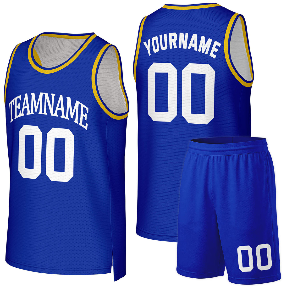 Custom basketball jersey set blue‑gold by Vosoli, personalized team name, number & logo, quick‑dry mesh fabric for custom team game‑ready basketball jersey set outfits