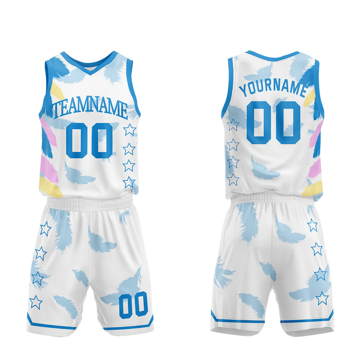 Custom basketball jersey set manufacturer, white feather sublimated jersey and shorts set with personalized team name, player number and logo, breathable quick dry mesh for team games.