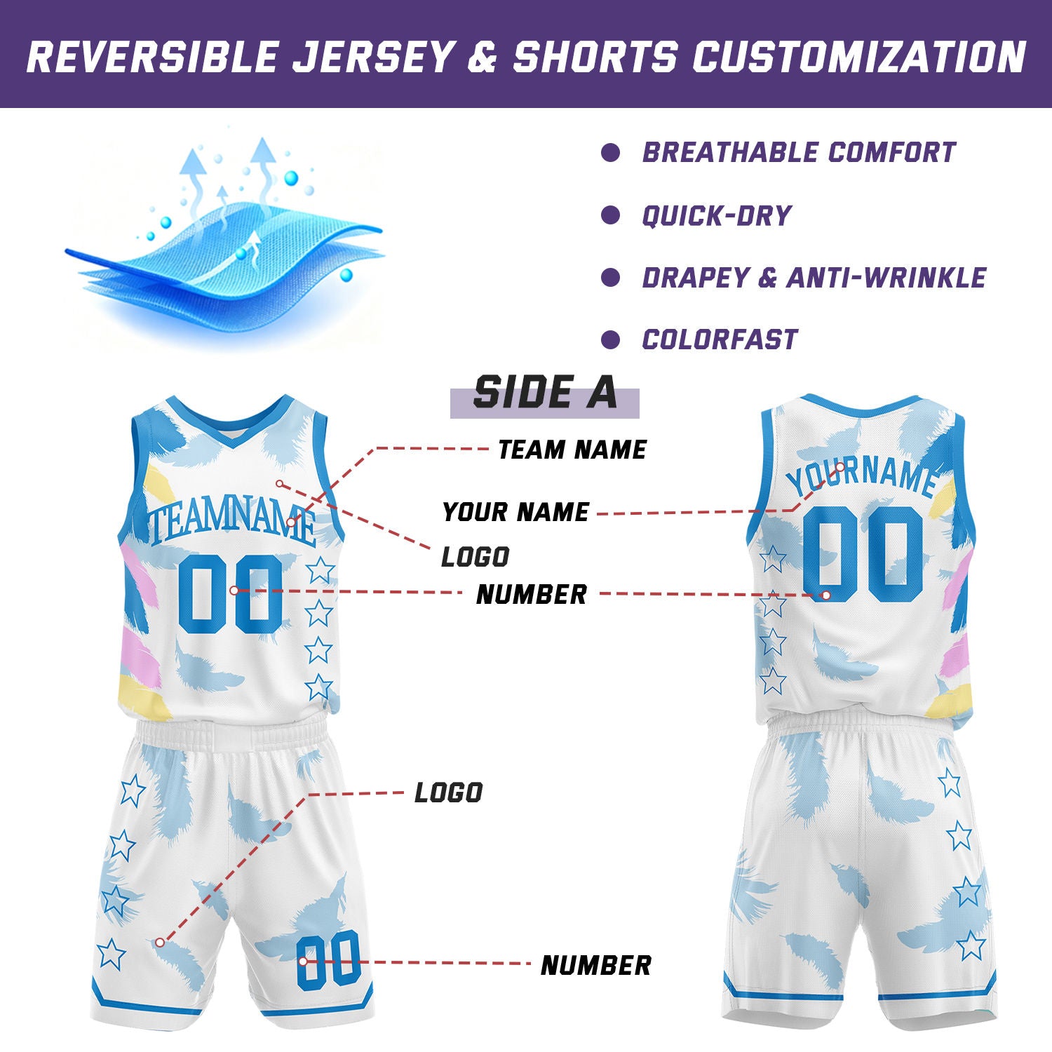 Custom Basketball Jerseys and Shorts Set | White Feather V-Neck Sublimated Team Uniform