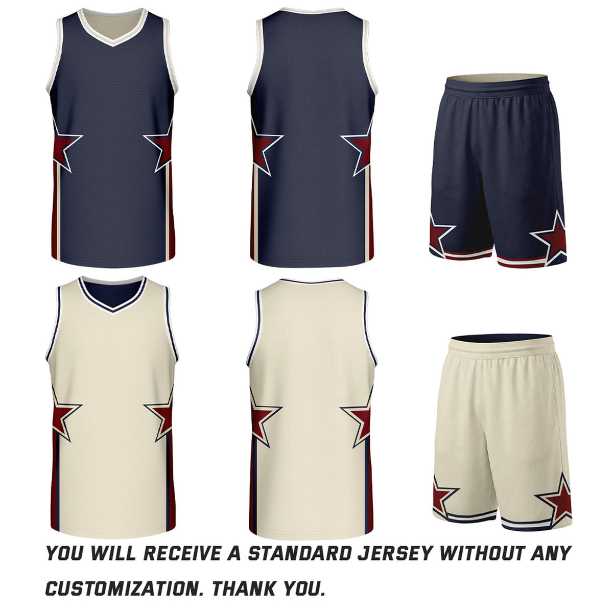 Custom Navy & Cream Star Reversible Basketball Uniform Set | Breathable Mesh Jersey & Shorts