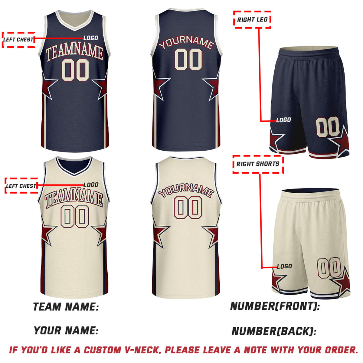 Custom Navy & Cream Star Reversible Basketball Uniform Set | Breathable Mesh Jersey & Shorts