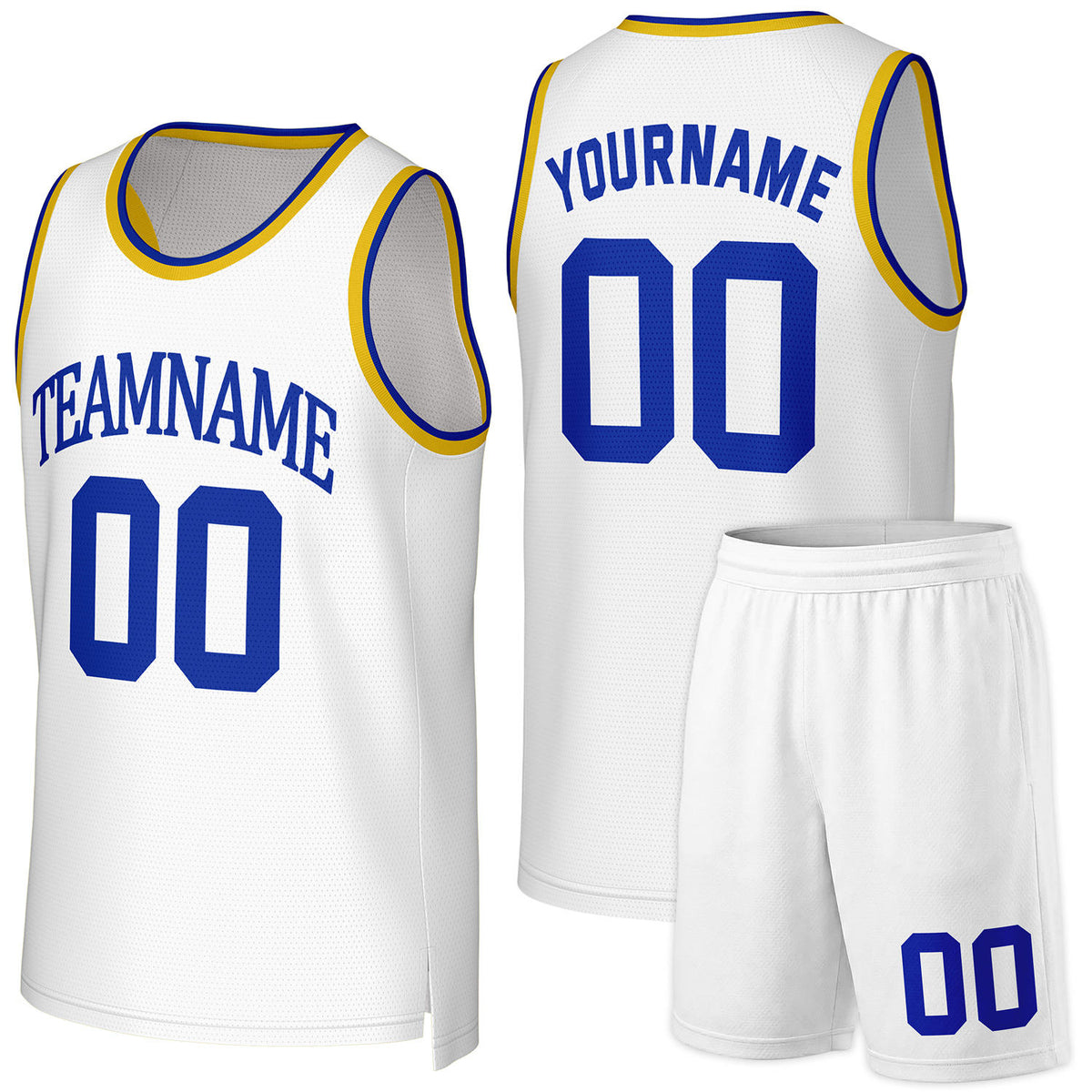 Custom basketball jersey set white‑blue by Vosoli, personalized team name, number & logo, quick‑dry mesh fabric for custom team game‑ready basketball jersey set outfits