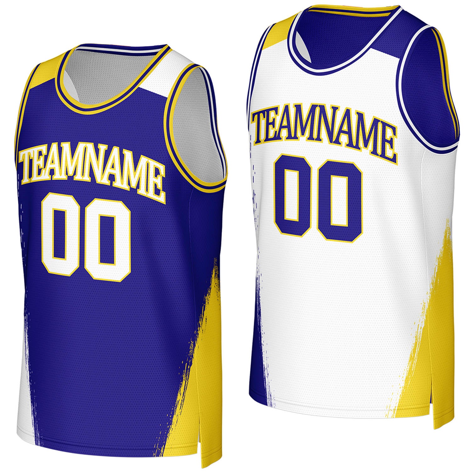 Custom basketball jerseys for clubs blue gold reversible by Vosoli, Personalized team name, number & logo. Fast delivery.