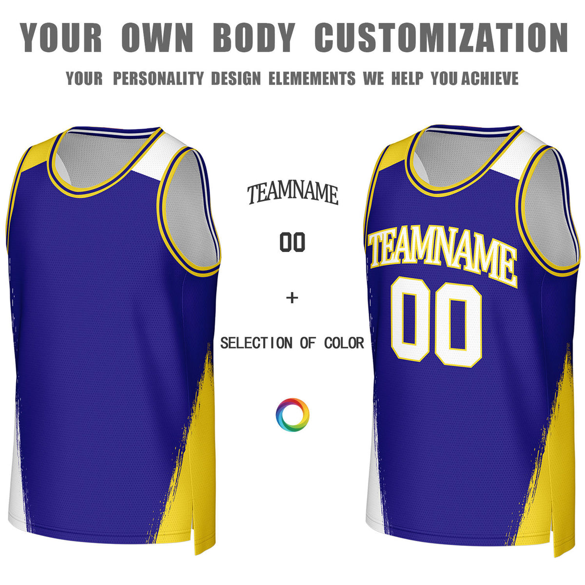 Custom Blue & Gold Brush Stroke Reversible Basketball Jersey | Personalized Team Uniforms for Adult & Youth