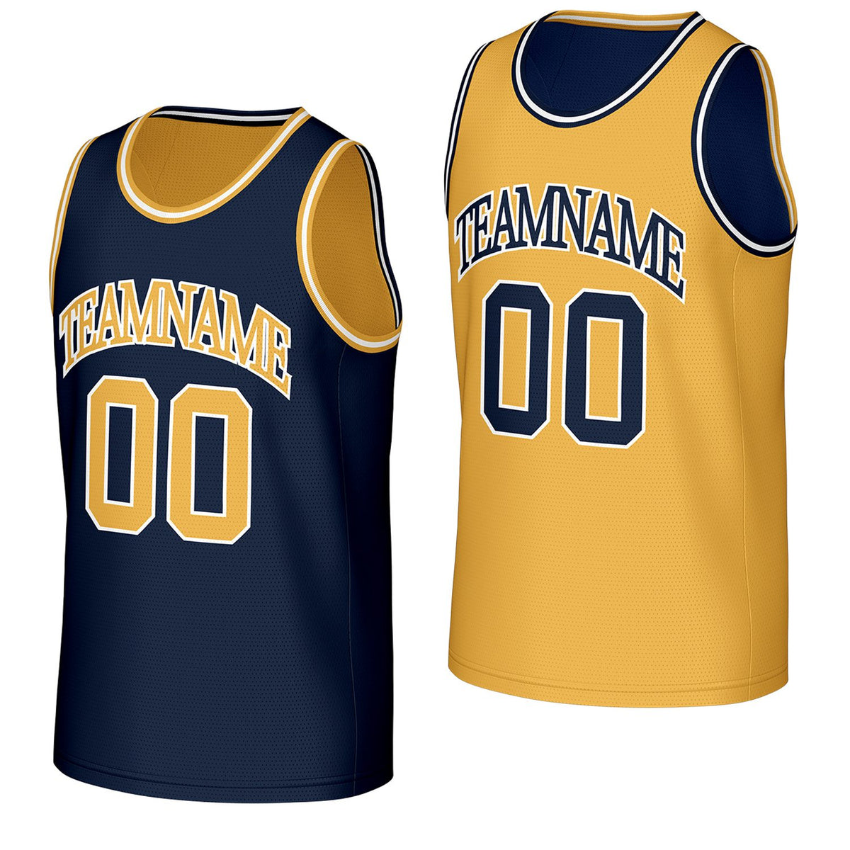 custom basketball jerseys for clubs navy gold reversible by Vosoli, personalized team name, number &amp; logo, breathable mesh dual sided basketball jersey for club team games