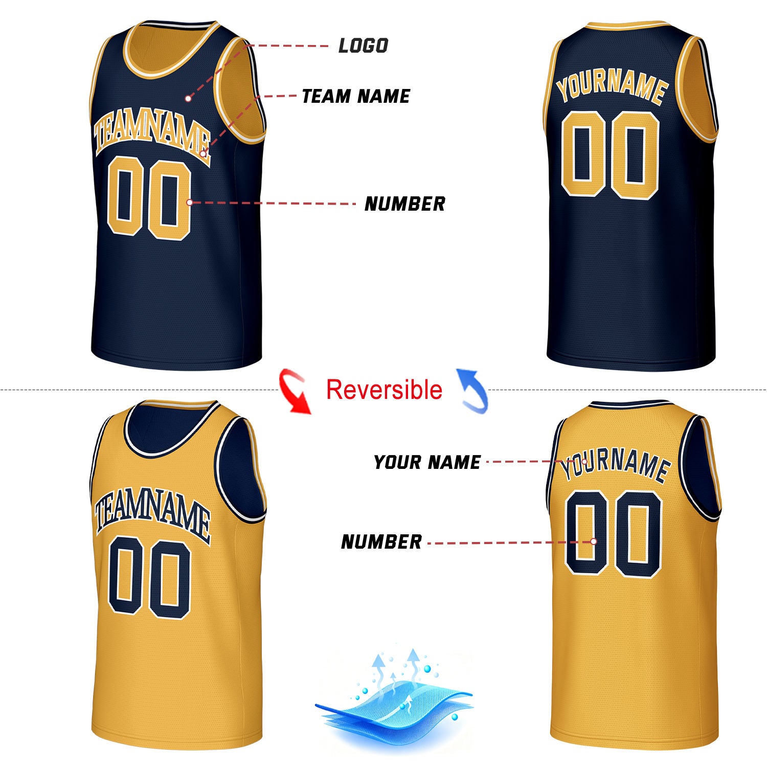 Custom Reversible Basketball Jersey Navy & Gold Mesh Team Uniform for Adult Youth