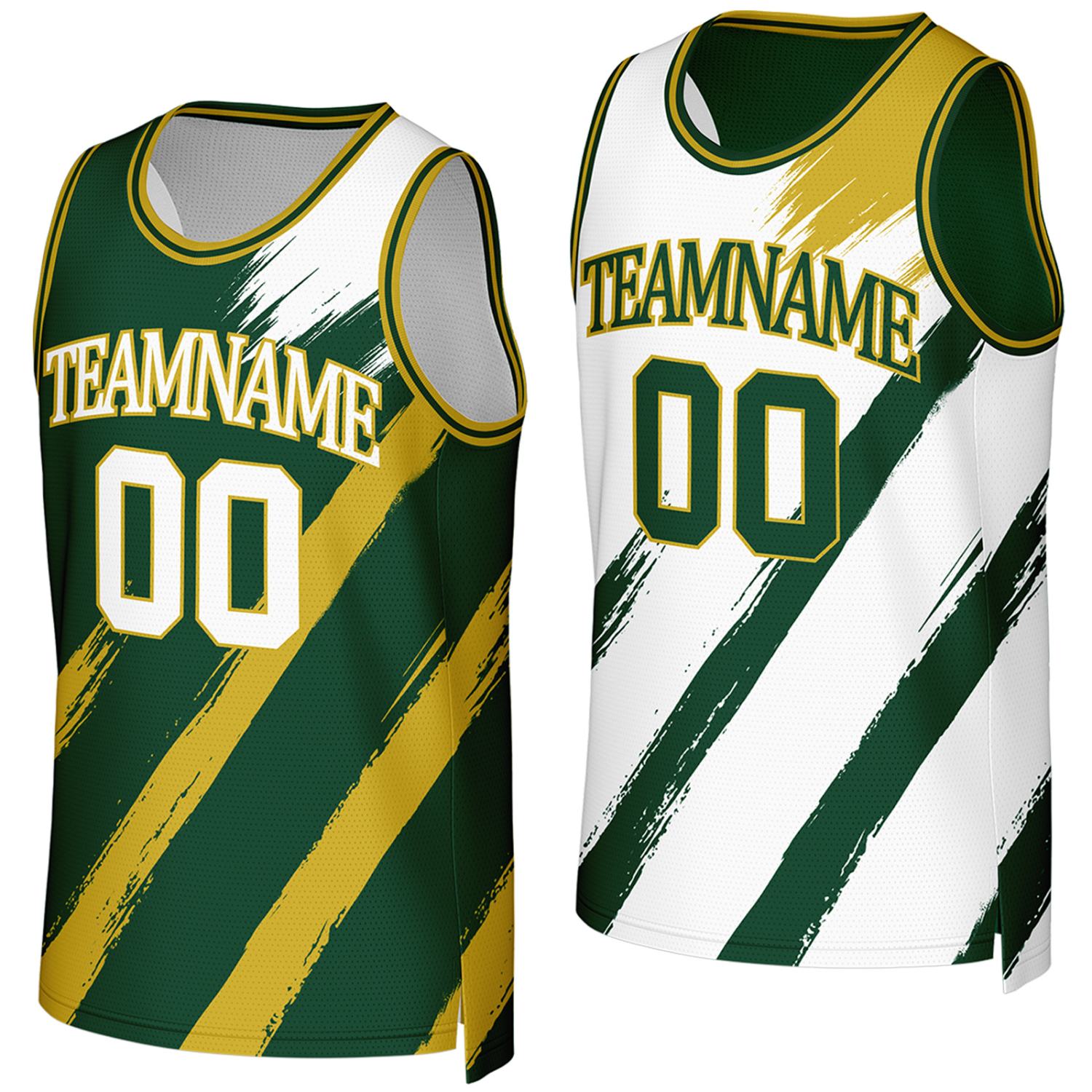 Custom basketball jerseys for college teams green white reversible by Vosoli, Personalized team name, number & logo. Fast delivery.