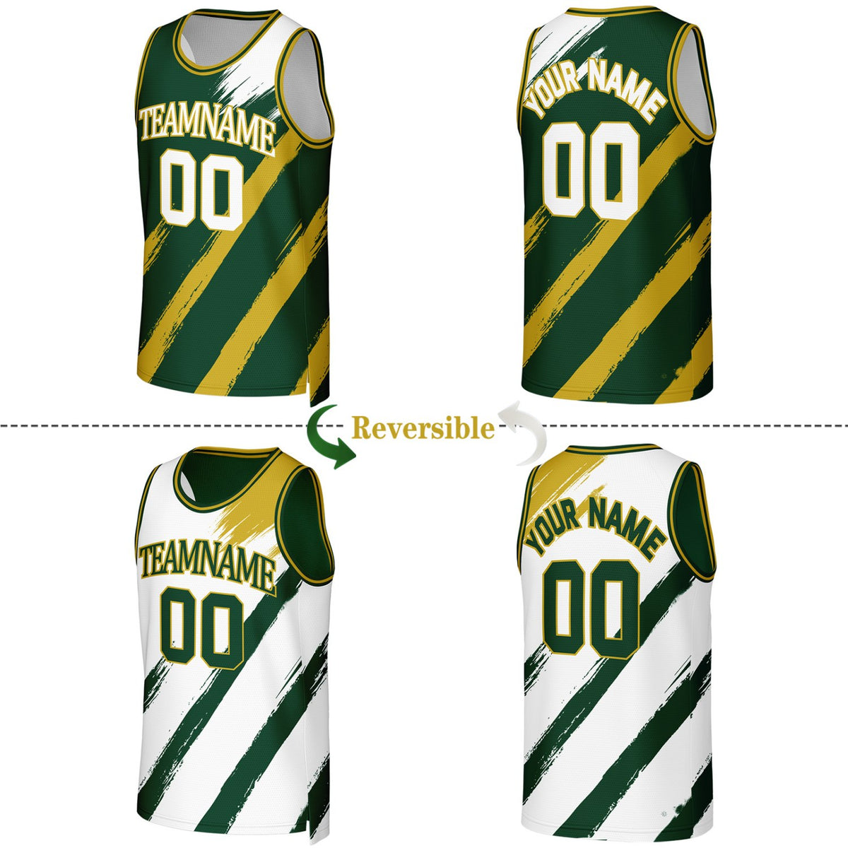 Custom Green & White Brush Stroke Reversible Basketball Jersey | Personalized Team Uniforms for Adult & Youth