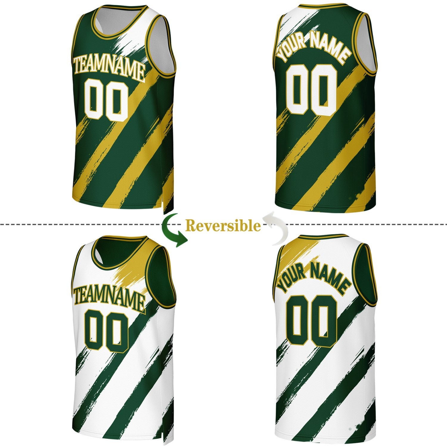 Custom Green & White Brush Stroke Reversible Basketball Jersey | Personalized Team Uniforms for Adult & Youth