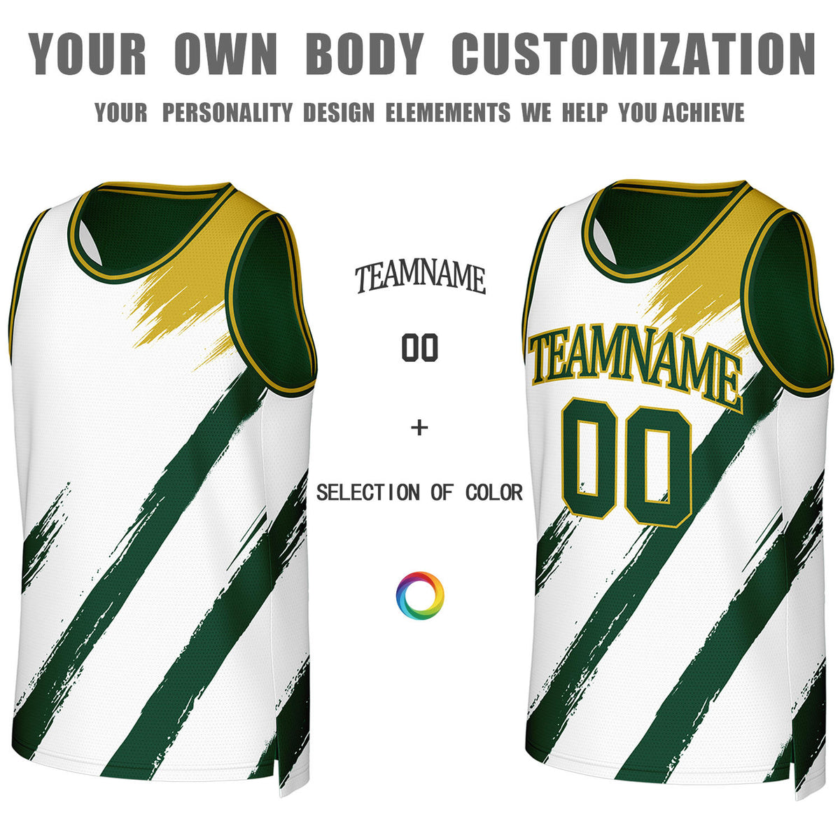 Custom Green & White Brush Stroke Reversible Basketball Jersey | Personalized Team Uniforms for Adult & Youth