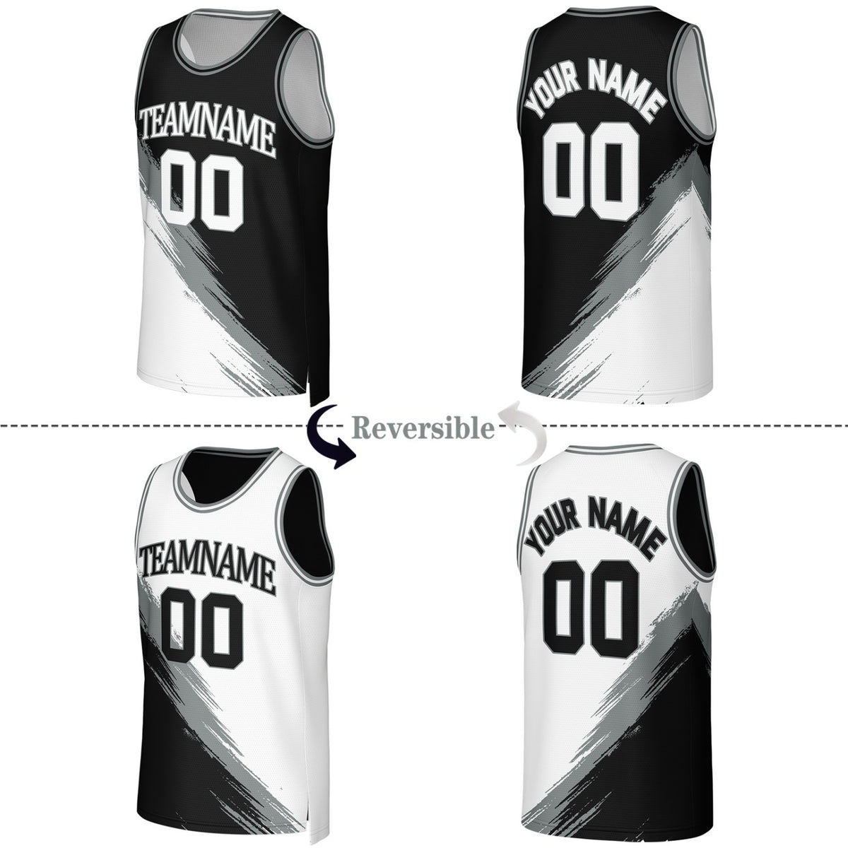 Custom Black & White Brush Stroke Reversible Basketball Jersey | Personalized Team Uniforms for Adult & Youth