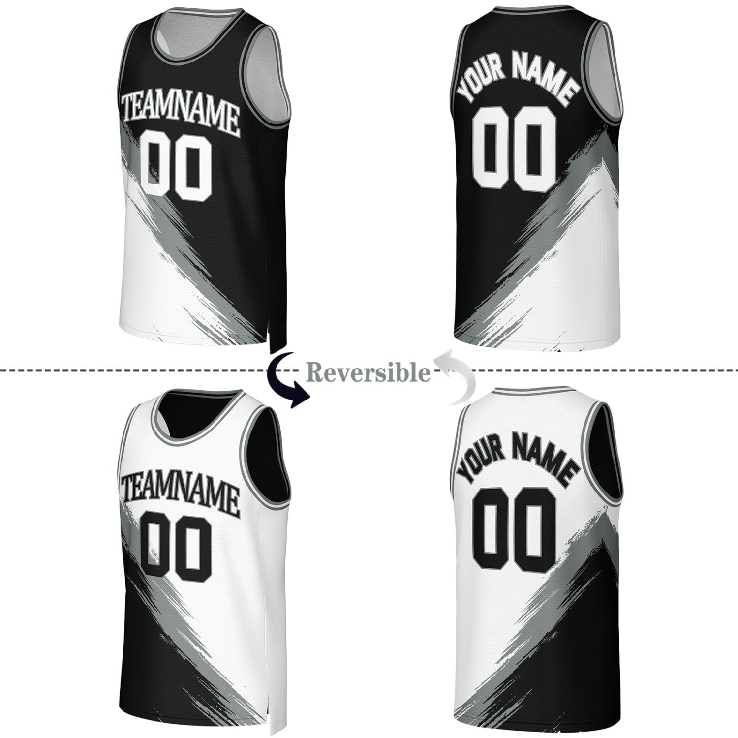 Custom Black & White Brush Stroke Reversible Basketball Jersey | Personalized Team Uniforms for Adult & Youth