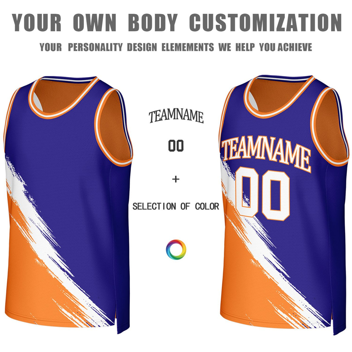 Custom Royal Blue & Orange Brush Stroke Reversible Basketball Jersey | Personalized Team Uniforms for Adult & Youth
