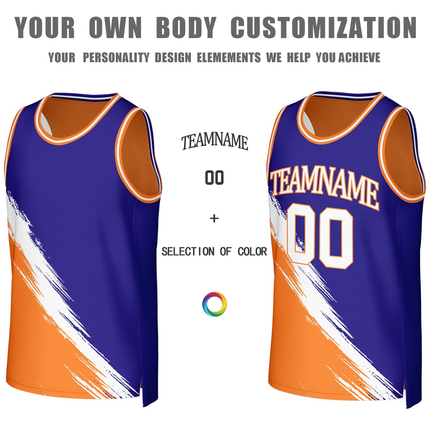 Custom Royal Blue & Orange Brush Stroke Reversible Basketball Jersey | Personalized Team Uniforms for Adult & Youth