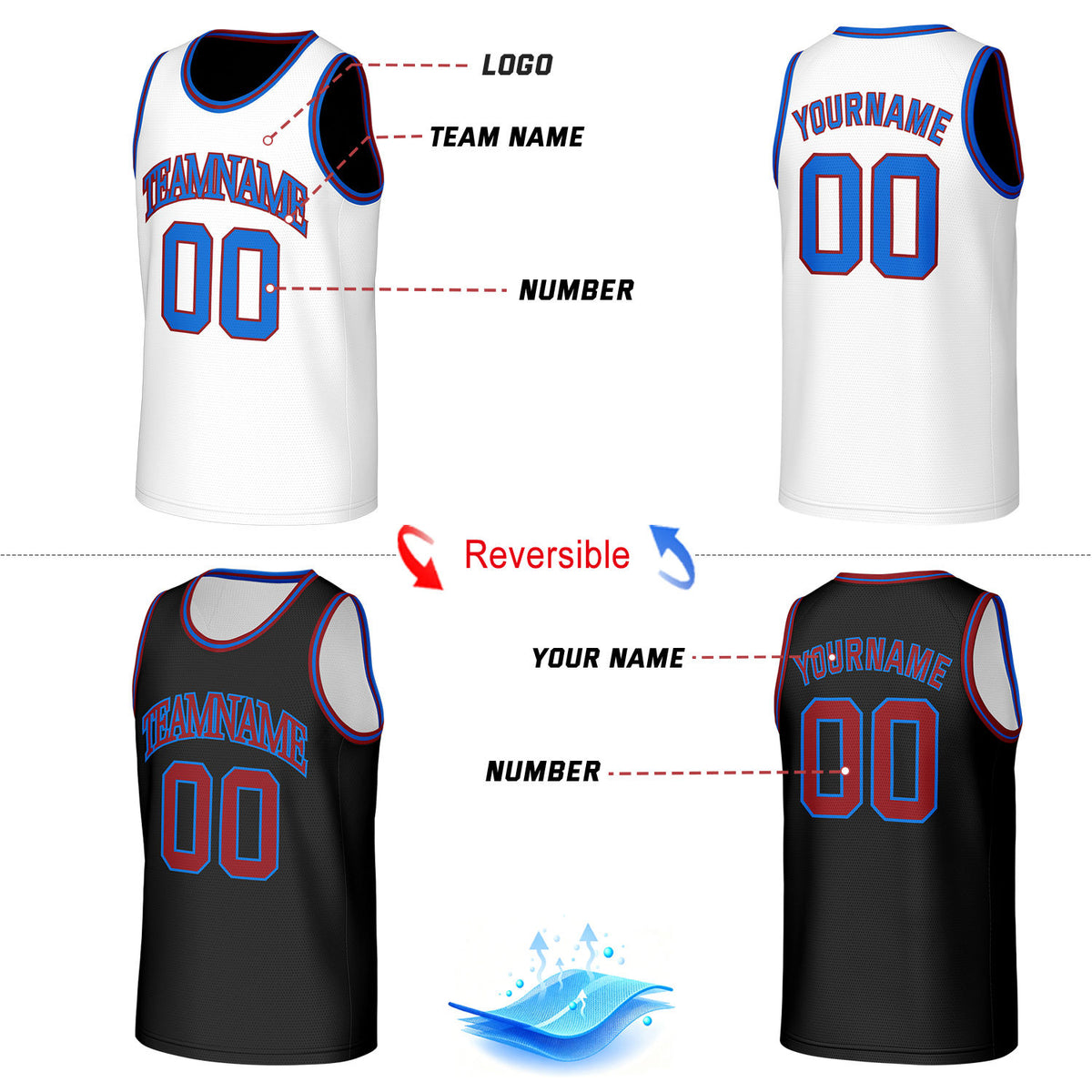 Custom Classic Double Trim Reversible Basketball Jersey White & Black Mesh Team Uniform for Adult Youth