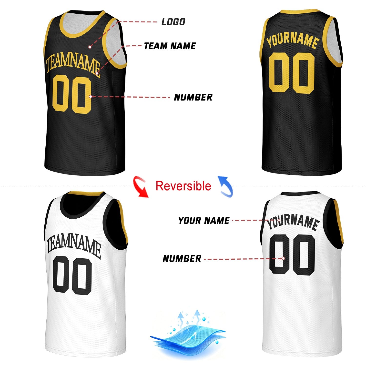 Custom Classic Double Trim Reversible Basketball Jersey Black & Gold Mesh Team Uniform for Adult Youth