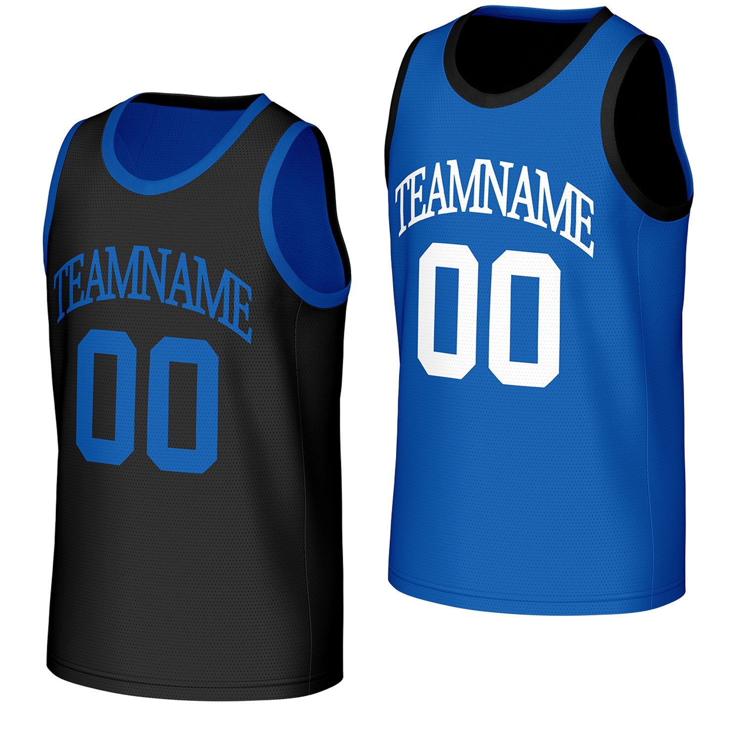 custom basketball jerseys for school teams black blue reversible by Vosoli, personalized team name, number & logo, breathable mesh dual sided basketball jersey for school team games