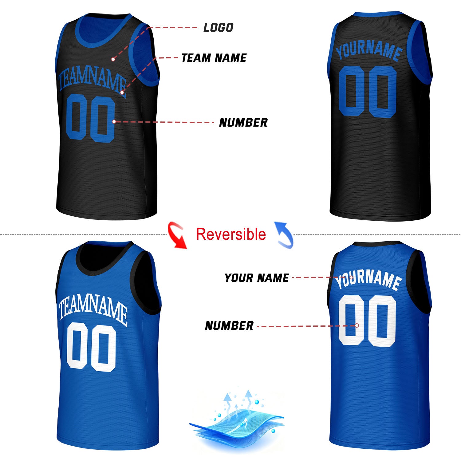 Custom Classic Double Trim Reversible Basketball Jersey Black & Blue Mesh Team Uniform for Adult Youth