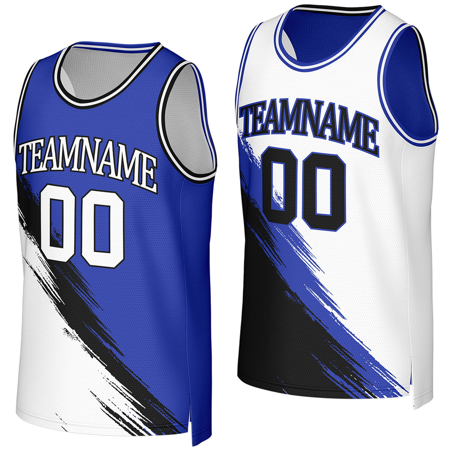 custom basketball jerseys for school teams blue white reversible by Vosoli, Personalized team name, number & logo.