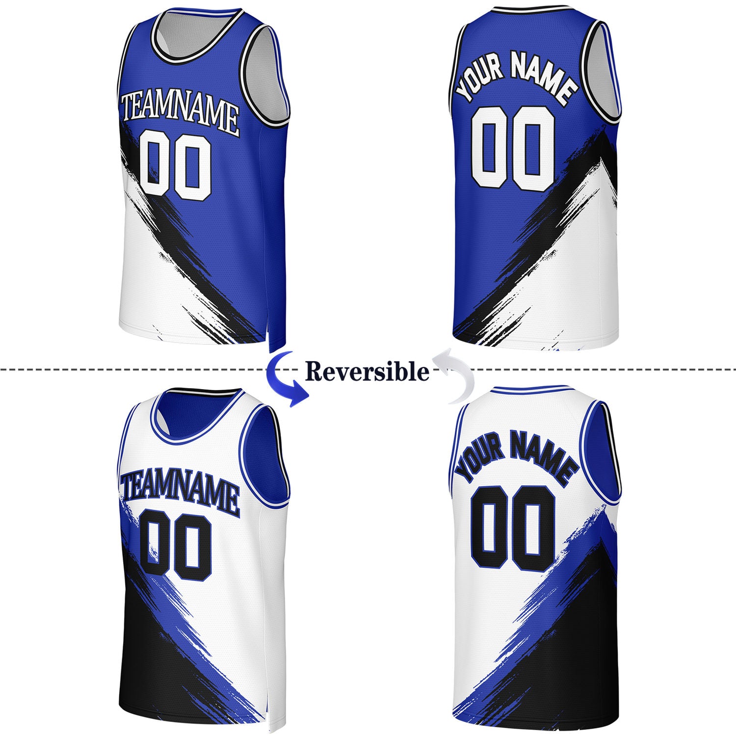 Custom Blue & White Brush Stroke Reversible Basketball Jersey | Personalized Team Uniforms for Adult & Youth