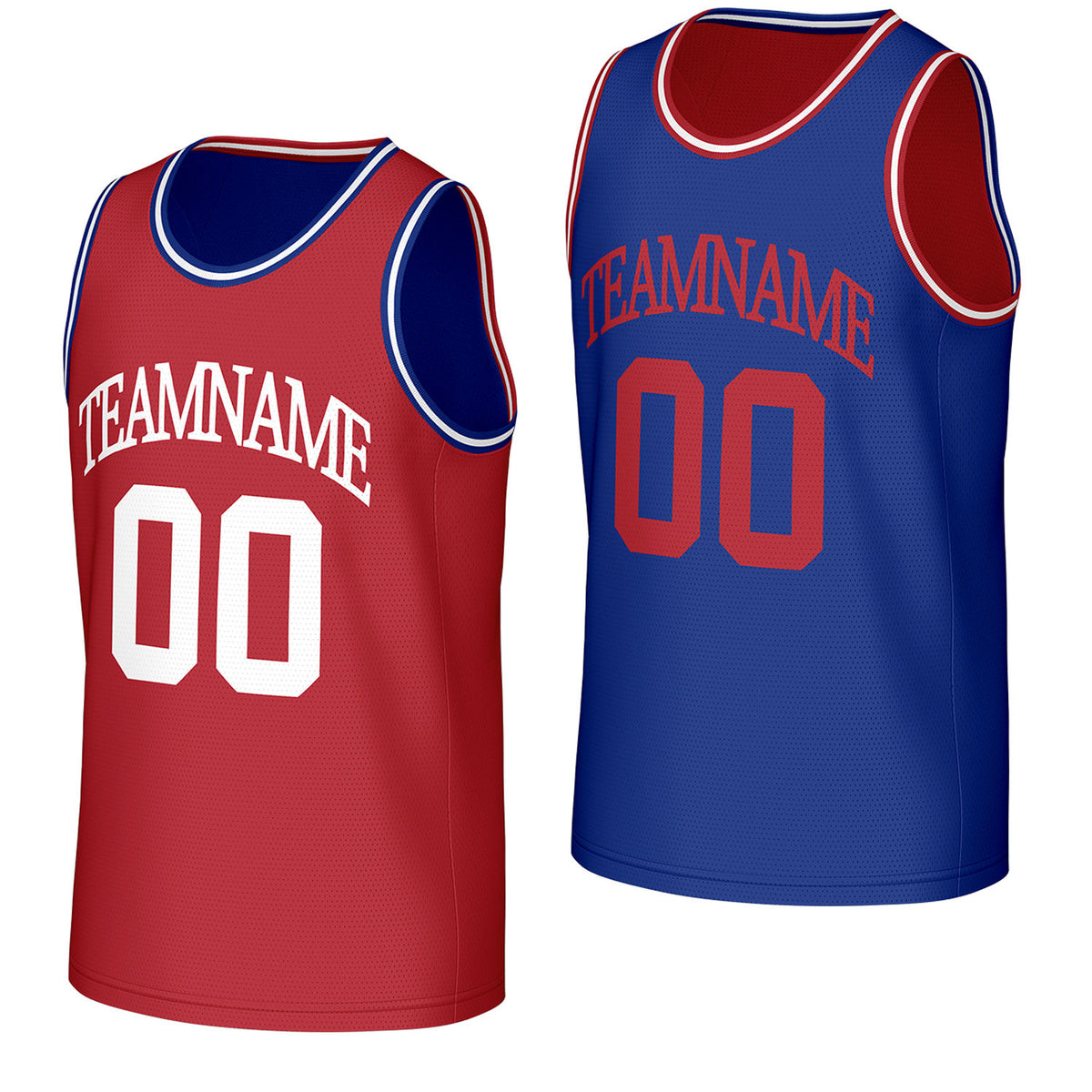 custom basketball jerseys for varsity teams red blue reversible by Vosoli, personalized team name, number &amp; logo, breathable mesh dual sided basketball jersey for varsity team games