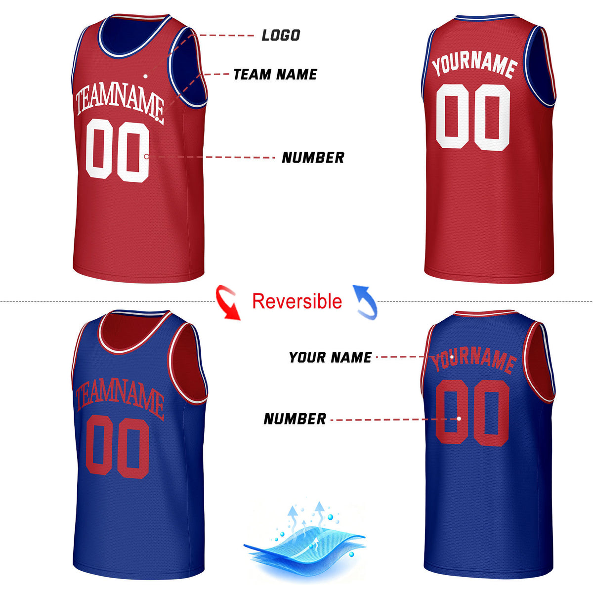 Custom Classic Double Trim Reversible Basketball Jersey Red & Blue Mesh Team Uniform for Adult Youth
