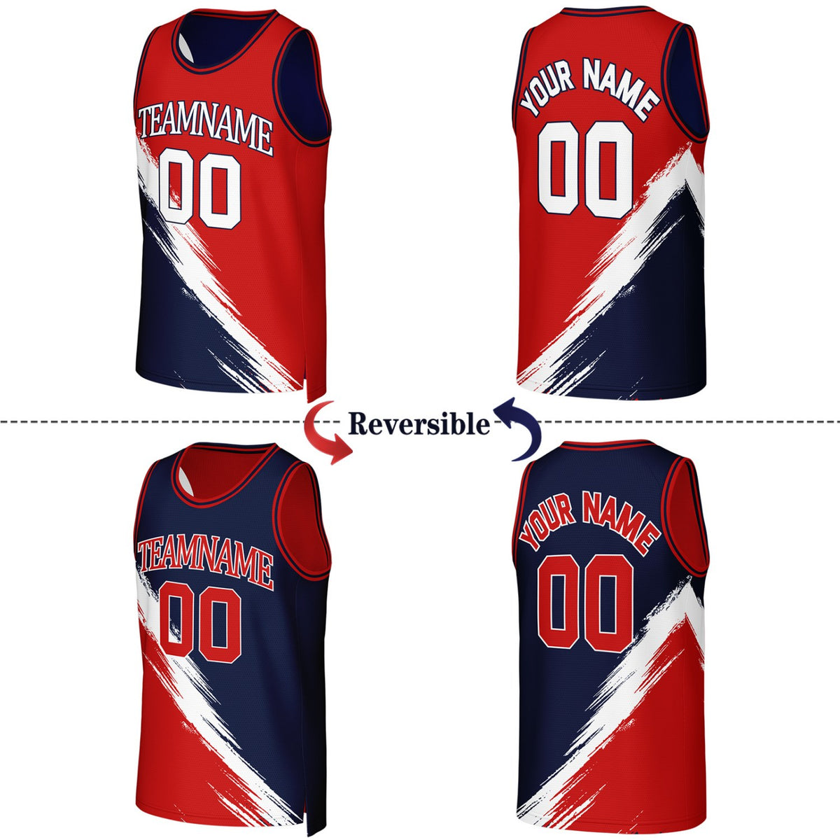 Custom Red & Navy Brush Stroke Reversible Basketball Jersey | Personalized Team Uniforms for Adult & Youth
