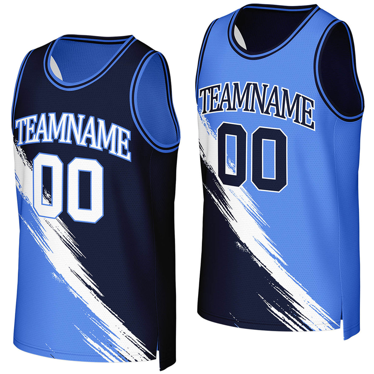 Custom basketball jerseys for youth teams navy lightblue reversible by Vosoli, Personalized team name, number &amp; logo. Fast delivery.