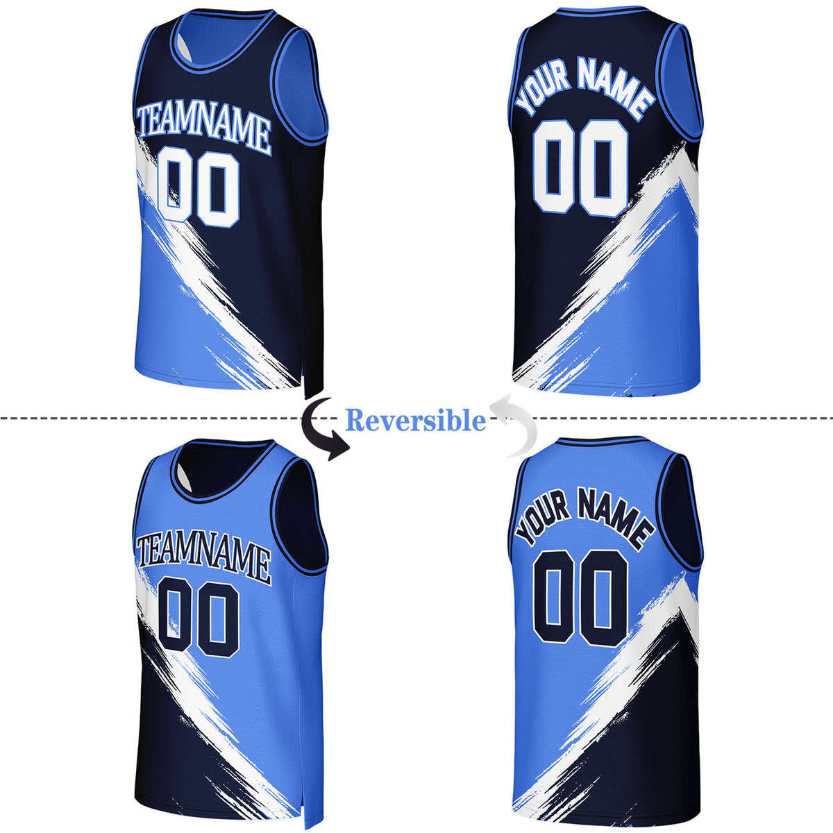 Custom Navy & Light Blue Brush Stroke Reversible Basketball Jersey | Personalized Team Uniforms for Adult & Youth